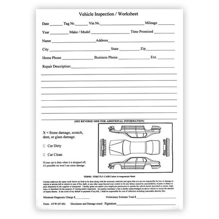Asp Vehicle Inspection Worksheet, 8 1/2" X 11", 100 Sheets Per Pad 7295
